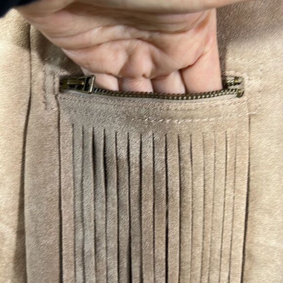 BCBGMAXAZRIA Women’s Reiss Stretch Woven Microsuede Fringe Jacket Tan Size XS - Picture 6 of 16